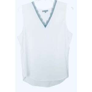 ADRIENNE PAPELL SLEEVELESS V-NECK HIGH-LOW BLOUSE, WOMENS,  XL, WHITE/BLACK TRIM